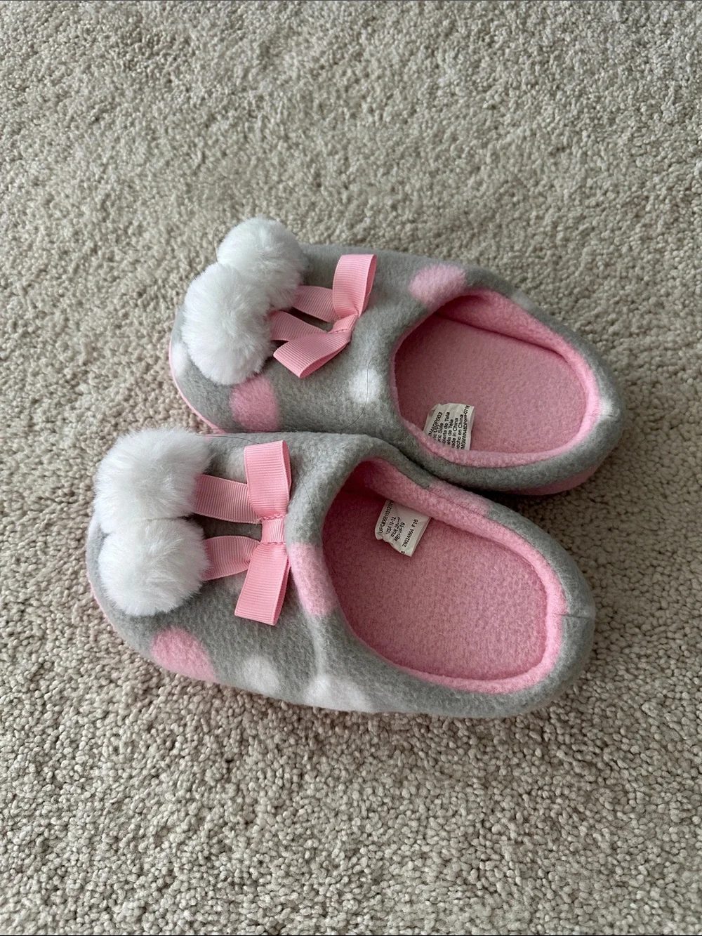 NWOT Girls' Pink & Gray Polka Dot Slippers with Pom-Poms
